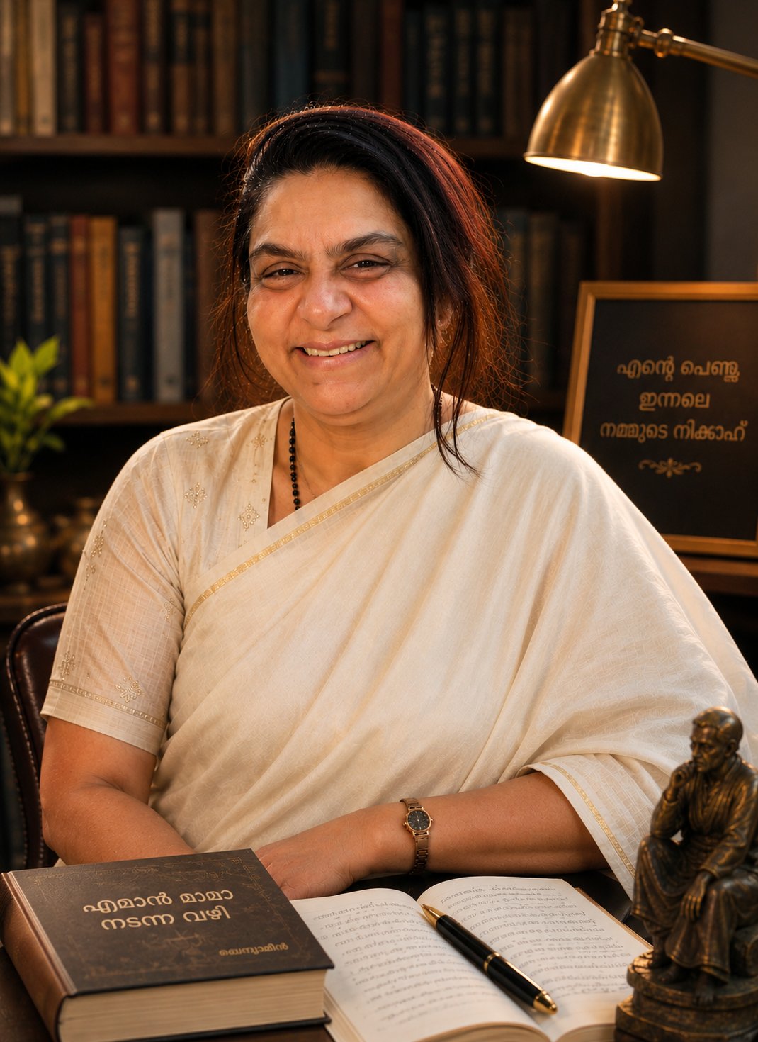 Seba Joy Kanam at her writing desk, with her books and a bust of her father Kanam E. J.